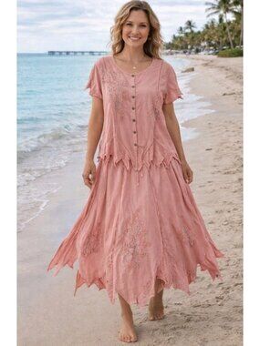 Vtg Kaktus 2 Pc Asymmetric Blouse & Maxi Skirt Boho Embroidered Beach Casual 1X